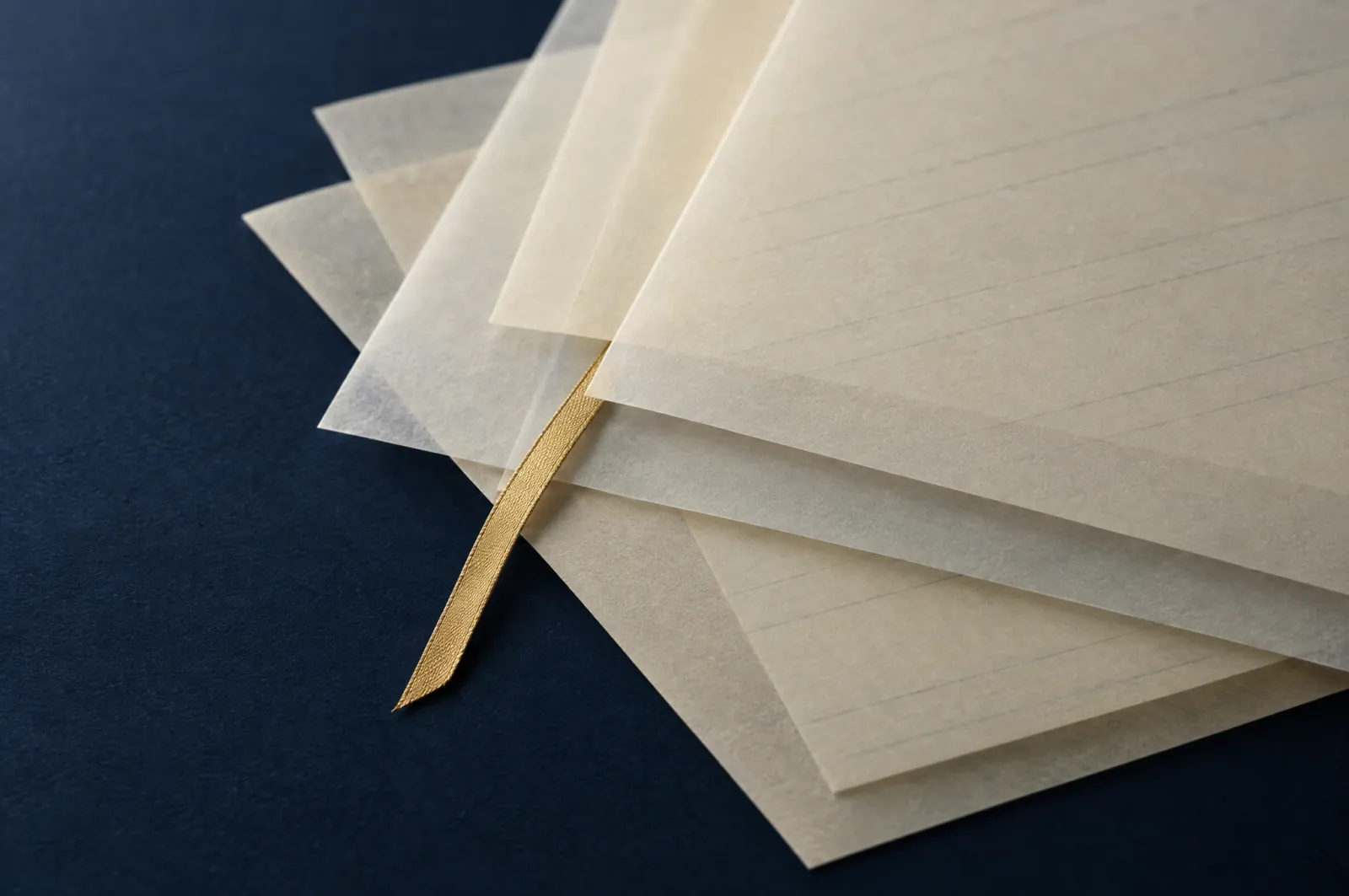 Translucent ruled sheets with a gold ribbon marker; an abstract motif for documentary evidence.